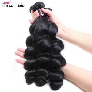 Ishow 3PCS Peruvian Virgin Hair Extensions Wefts for Women Girls All Ages Loose Wave Brazilian Weave Bundles Natural Color 8-28inch