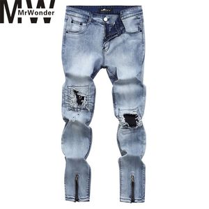 Mrwonder Men Fashion Hardwearing Long Denim Pants Broken Hole Straight Jeans with Zipper Trim