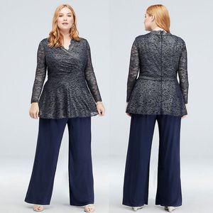 Dark Navy Lace Mother Of The Bride Pant Suits V Neck Formal Wedding Guest Dress With Long Sleeves Plus Size Mothers Groom Dresses