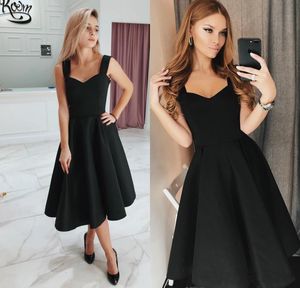 간단한 검은 색 짧은 칵테일 드레스 A 라인 스트랩 민소매 새틴 차 길이 이브닝 가운 정장 특별한 홈 커밍 드레스