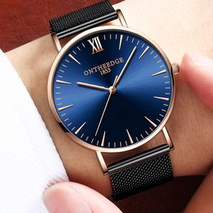 Ontheedge Aço Inoxidável Aço Milanese Relógio Homens Rosa Ouro Aplicado Índice Japão Movimento De Quartzo Tempo Preciso relógio masculino