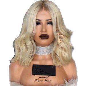 Free Shipping 4/60 Platinum Blonde Wavy 150% Density Short Lace Front Human Hair Wigs Pre Plucked Ombre Cut Bob With Baby Hair