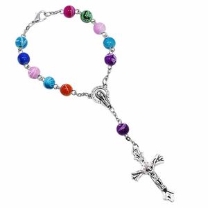 8MM Colorful Acrylic Beads Catholic Rosary Bracelet Women Religious Jesus cross Crucifix bracelets hip hop jewelry drop ship