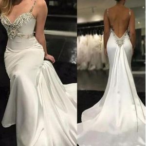 Charmiga Backless Prom Klänningar 2018-2019 Sexiga Spaghetti Mermaid Evening Klänningar med Sweep Train Cocktail Party Dress Women Formal Wear