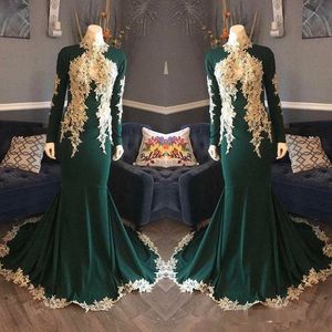Wholesale emerald green dresses plus size resale online - 2018 Modest Long Sleeves Evening Dresses High Neck Lace Applique emerald green Mermaid South African Arabic Plus Size Prom Formal Dress