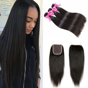 Brazilian Human Hair 3 Bundles With 4x4 Lace Closure Unprocessed Brazilian Straight Virgin Human Hair Weave Extensions Deals With Closure