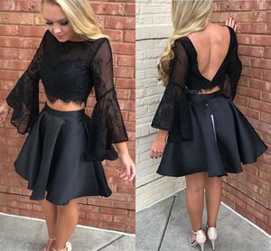 2022 Sexy Black Juliet Long Sleeves Homecoming Prom Dress Short Jewel Neck Sequin Beaded Two Pieces Satin Party graduation Cocktai247W