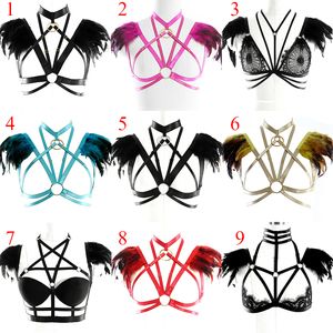 Kvinnor Feather Body Harness Bra Gotisk Sexig Rave Underkläder Elastiska Bondage Suspenders Halloween Kostym Punk Goth Belt Garter