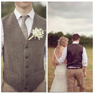 Формальные коричневые Tweed Groom Жилет Wee British Style Мужской костюм Жилеты Slim Fit Мужской Жилет Бизнес Повседневная Жилье