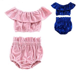 2018 mode Mädchen Kleidung Sommer Boutique Baby Kleidung Niedlich Schulterfrei Samt Crop Tops + Hohe Taille Baby Pumphose Shorts 2 stücke Anzüge