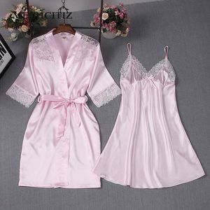 Пижамы MECHCITIZ 2018, сексуальные женские пижамы, кружевные цветы, розовый шелковый халат, комплекты M, L, XL, три размера, ночные рубашки, халат + ночное платье