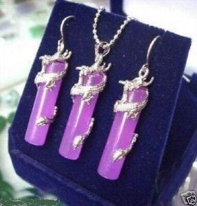 Charming Purple jade silver dragon earring pendant Necklace<<< Free Shipping