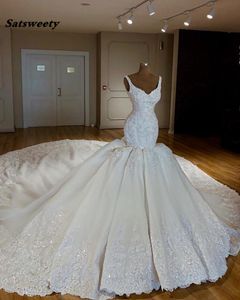Luxus Abiye Meerjungfrau Brautkleider Spitze Brautkleider mit langem Watteau Zug Perlen Kristall Dubai Hochzeitskleid Casamento