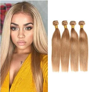 27 # Honung blond färg brasiliansk silke rakt hår 3/4 buntar färgat jungfru mänskligt hår vävar billigt brasilianskt mänskligt hårförlängning