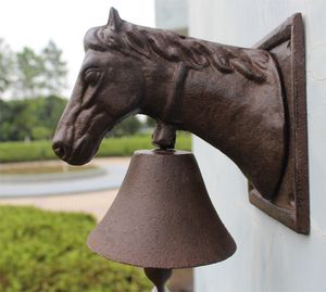 Gjutjärn utsmyckad häst huvud dörr klocka dörrklocka trädgård dekorationer rustik stuga uteplats lantgård ladugård stabil handbell dekoration antik brun