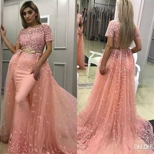 Sereia elegante overskirts vestidos de noite mangas curtas rendas apliques pêssego vestidos formais dubai árabe vestido de baile