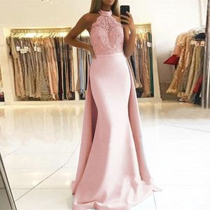 Elegant Halter Lace Pink Prom Dresses Sleeveless Satin Floor Length Detachable Train Backless Mermaid Light Sky Blue Evening Party Dresses