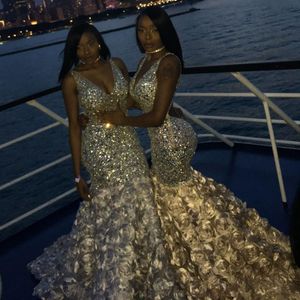 Bling Bling Mermaid Evening Dresses Sexy Deep V Neck Beads Crystals 3D Floral For Black Girls African Prom Gowns Plus Size