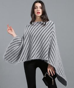 New Autumn Women's Knitted Pullovers Poncho Lady's Stripe Cloak Cape Tops Knitwear Sweater White C3579