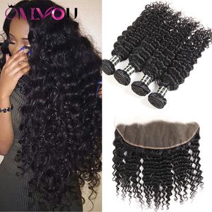 Deep Curly Hair 4 Bundles with 13x4 Lace Frontal Closure Ear to Ear Hand Weaving Remy Human Hair Extensions Malaysian Virgin Hair Weaves