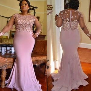 Liliowy Kolor Plus Size Druhna Sukienki do ślubnych Aplikacje Koraliki Czyste Długie Rękawy Mermaid Maid of Honor Suknie Długa Prom Party Dress