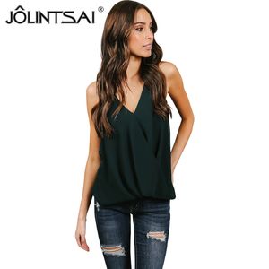 JOLINTSAI 2018 Nuove donne camicetta di chiffon sexy verde canotta donna top e camicette estate senza maniche maglia cami shirt 4 colori