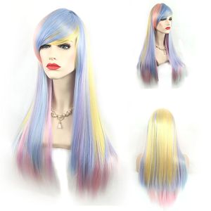 Long Silk Straight Mermaid Rainbow Color None lace/ Lace Front Wig Beauty Pastel Pink Purple Blue green Colorful Hue Anime Cosplay Party Wig