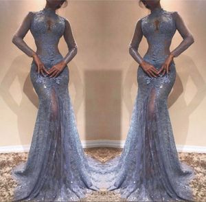 Ilus￣o Veja atrav￩s de vestidos de noite de renda Sereia de pesco￧o alto puro mangas compridas Apliques longos bandos de baile de festas vestidos vestidos