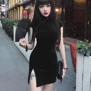 2018 mulheres de veludo de verão chinês cheongsam retro harajuku sexy apertado dress preto rosa c18111901