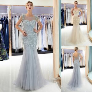 Wholesale trumpet designs for sale - Group buy 100 Real Pictures Mermaid Evening Dresses Luxury Beaded Sheer Neck Designer Formal Occasion Wear Tulle Sweep Train Prom Party Gown CPS1161