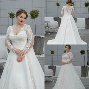 2019 Plus Size Wedding Dresses V Neck Lace Appliques A Line Sweep Train Garden Country Long Sleeve Wedding Dress Custom Made Bridal Gowns