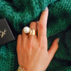 eManco Minimalist Geometric Statement Cuff Rings for Women Large Imitation Pearl Copper Gold Fashion Brand Jewelry
