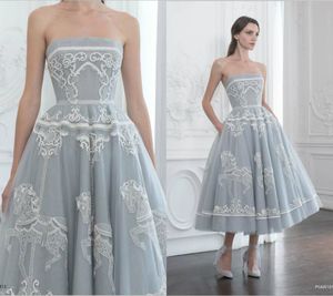 Strapless Polo Sebastian Dresses 자수 패턴 프릴 차 길이 이브닝 드레스 라인 민소매 달콤한 16 Quinceanera 드레스