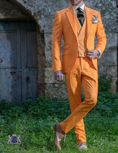 Mode Orange 3 Piece Suit Män Bröllop Tuxedos Handsome Groom Tuxedos Utmärkt Män Business Dinner Prom Blazer (Jacka + Byxor + Tie + Vest) 489