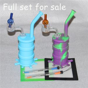 Hot selling Hookah Bongs silicone water pipe with double wall quartz banger+ glass carb caps +silicone mats wax dabber tools dab rig