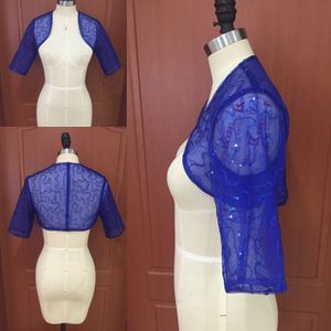 Świecący Cekiny Tulle Royal Blue Bridal Jacket Modest Party Accessaries z Pół Rękawy Custom Made Red Navy Blue Blush Fioletowy Bolero