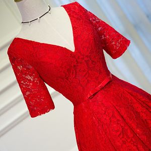 Vintage-Spitzen-Abschlussballkleid mit V-Ausschnitt und halben Ärmeln, Schnürung am Rücken, Teelänge, Partykleid nach Maß, Übergröße, günstig, Schwarz, Königsblau, Gelb