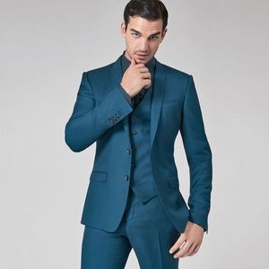 Teal mens kostymer smal passform groomsmen bröllop tuxedos tre stycken brudgum kostym toppade lapel kändis formella blazers med jacka väst byxor