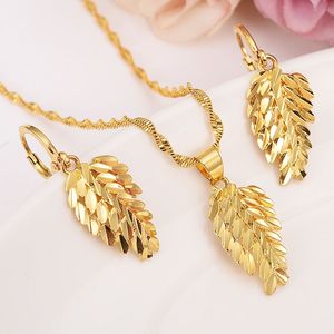 Dubai indien arab Mode plume Anhänger Ohrring Set Frauen Party Geschenk 14 k Gelb Solid Gold Gefüllt Blatt romantische Halskette Schmuck Sets