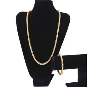 Hip Hop Bling Chains Jewelry Mens Single Row Gold Bracelets Iced Out Tennis Chain Rhinestone Bracelet Necklace