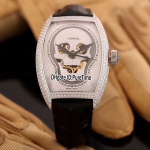 Hochwertige Croco Collections Totenkopf-Skelett-Diamant-Lünette, silbernes Tattoo-Zifferblatt, automatische Herrenuhr, Leder-Sportuhren, günstig, A71a1