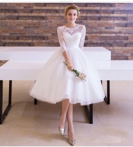 Short Wedding Dresses 2019 Lace Applique Beach Holiday 3 4 Sleeve Elegant Bohemian Garden Cheap Bridal Dress Sheer Neck Tea-length241H