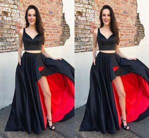 Siyah Ve Kırmızı Hi Lo Balo Elbise Abiye giyim 2019 Iki Parçalı Spagetti V Yaka Fırfır Resmi Elbise Parti Törenlerinde Basit Saten Uzun Elbise