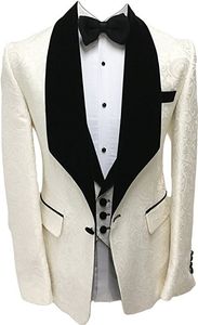 Yeni Varış Groomsmen Fildişi Desen Damat Smokin Şal Siyah Yaka Erkekler Suits Yan Vent Düğün / Balo İyi Adam (Ceket + Pantolon + Kravat + Yelek) K987