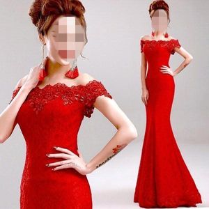 Long Elegant Lace Mermaid Red Evening Dress 2018 Cheap Price Crystal Prom Dresses Boat Neck Party Dress Robe De Soiree