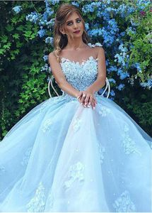 Wholesale wonderful evening for sale - Group buy Wonderful Blue Tulle Organza Jewel Neckline A line Prom Dresses With Sexy Illusion Beaded Lace Appliques Evening Party Dresses Prom Gowns