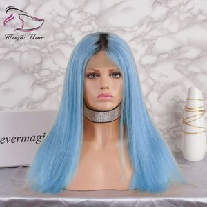 Ombre Hellblaue, leimlose Vollspitze-Echthaar-Perücken mit vorgezupftem Babyhaar, 130 % Dichte, brasilianisches Echthaar, Lace-Front-Perücken