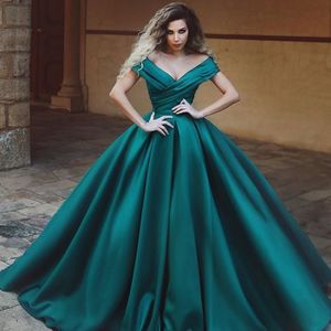 Günstige Ballkleid-Abschlussballkleider, sexy, schulterfrei, V-Ausschnitt, gerüscht, ärmellos, Satin, bodenlang, Partykleider, maßgeschneidertes Promi-Abendkleid