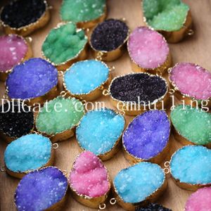 10 Pcs Banhado A Ouro Forma Livre 25mm-35mm Druzy Ágata Geode Pingente Conector Duplo Fole Druzy Pedra Conector Azul / Roxo / Preto / Rosa / Verde