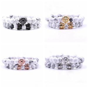 2 st / set Animal King Lion Head Howlite Turkos Armband Svart Natursten Crown Par Braclet Set för Män Hand Smycken Tillbehör